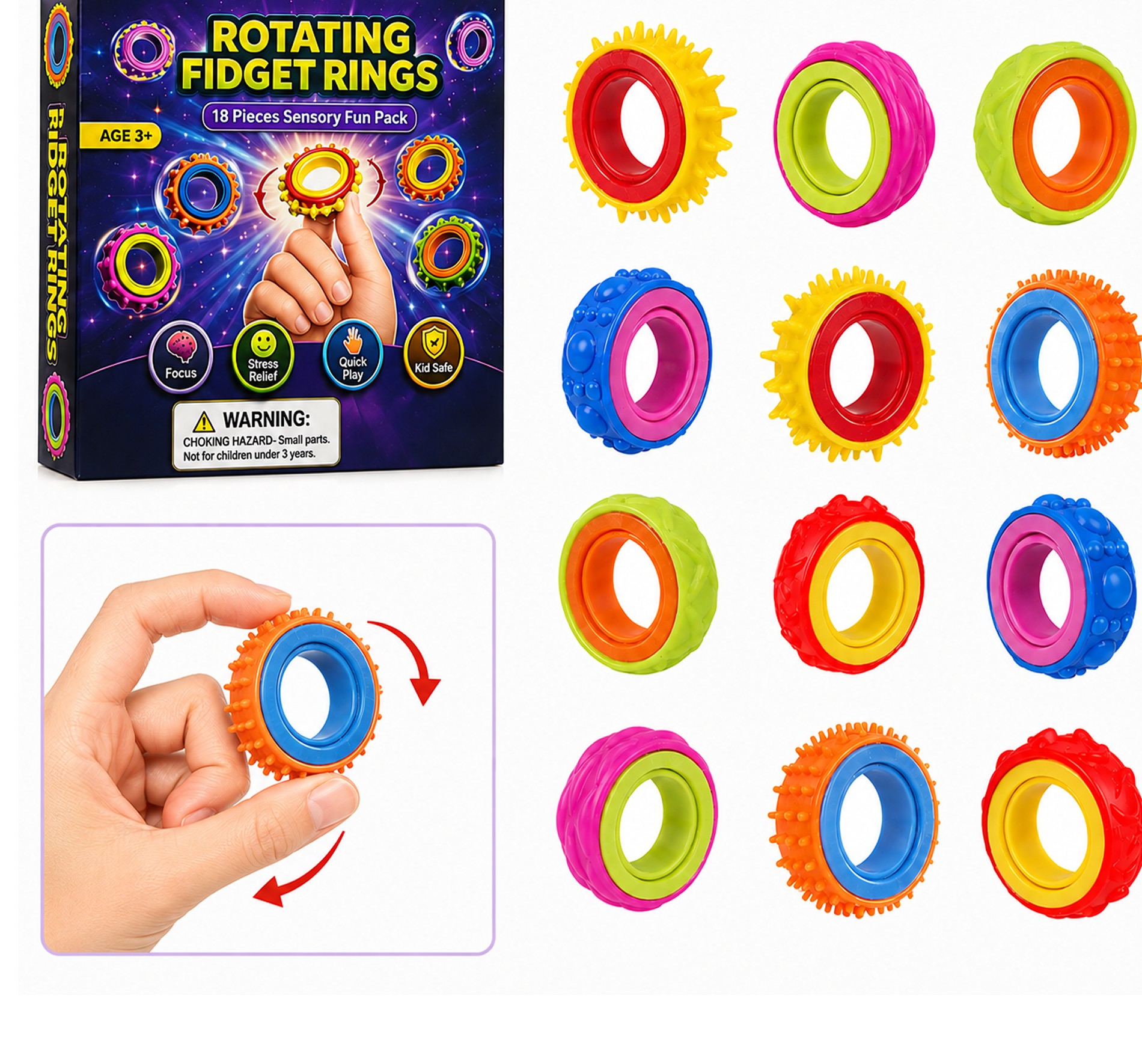 Chrishco 18-piece Rotating Fidget Rings Sensory Fun Pack box and contents